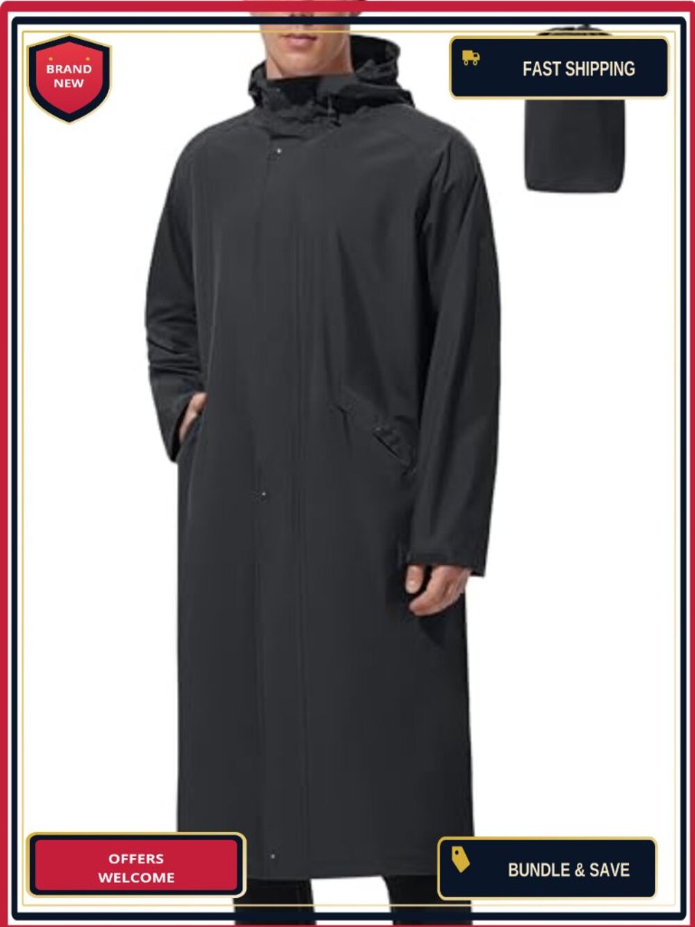 Long Waterproof Raincoat Men's Rain Poncho with Hood